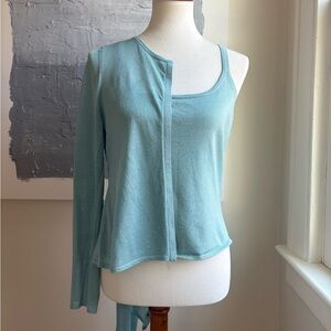White & Warren Turquoise Aqua Blue Silk Cardigan Tank Set Sz L